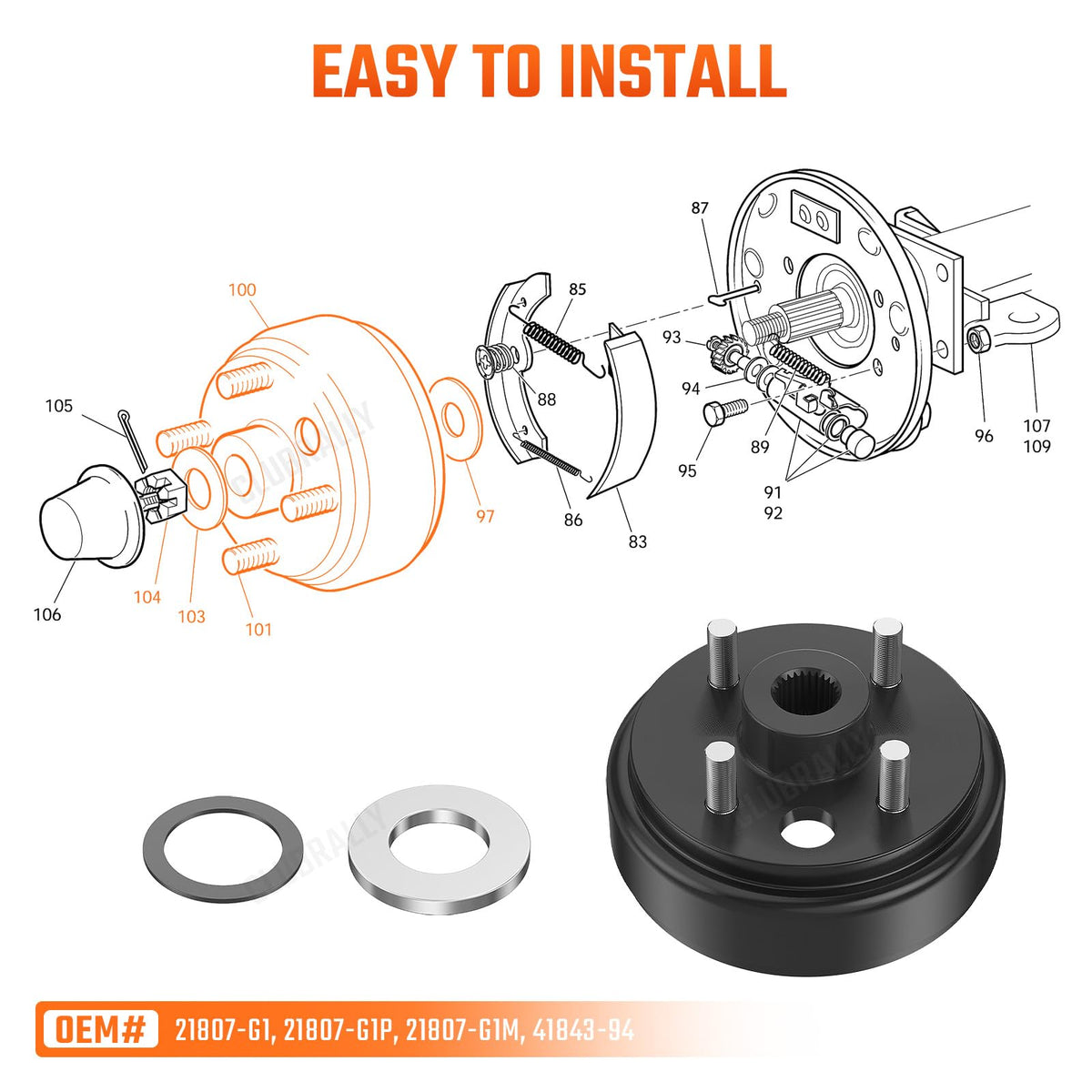 ClubRally EZGO brake drum for 1991-up 4-cycle carts, two-piece kit.