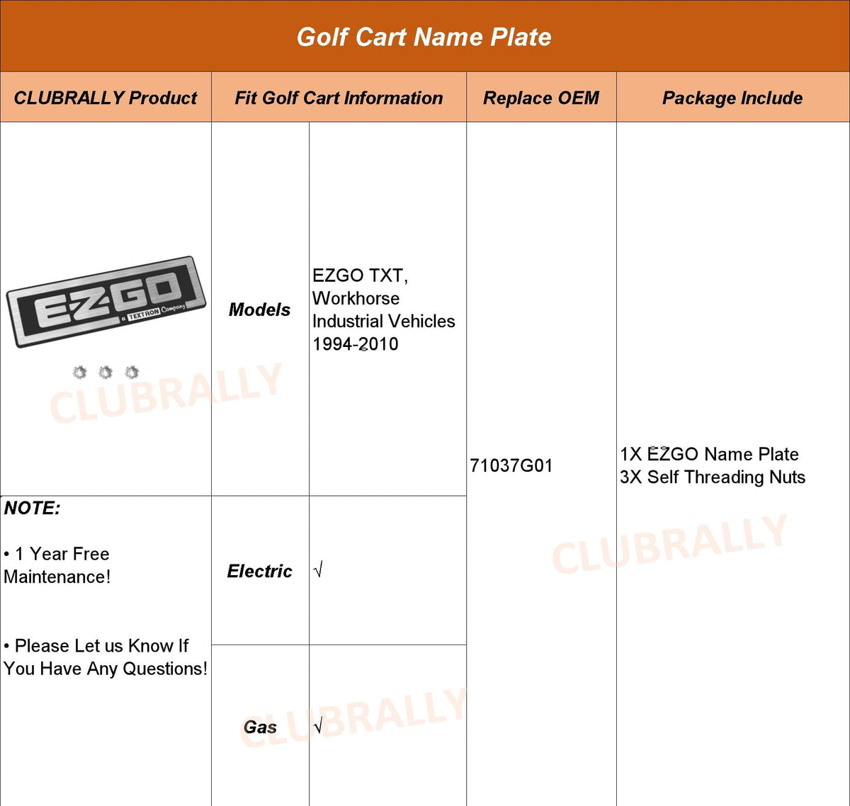 CLUBRALLY EZGO name plate packaging includes self-threading nuts.