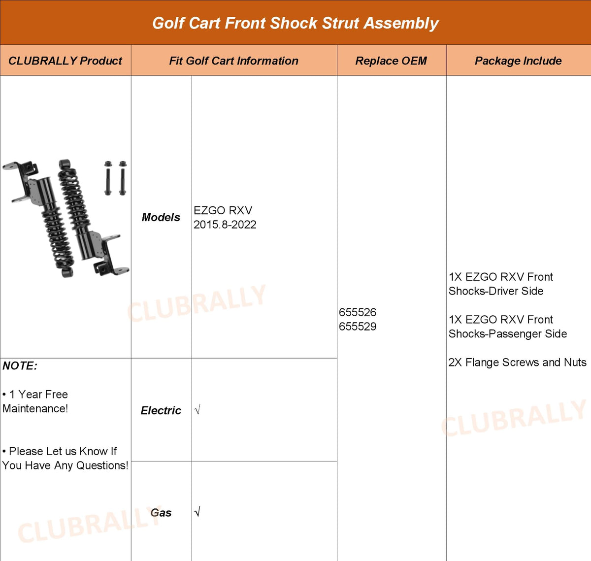 CLUBRALLY EZGO RXV front shocks mounting hardware with flange screws.