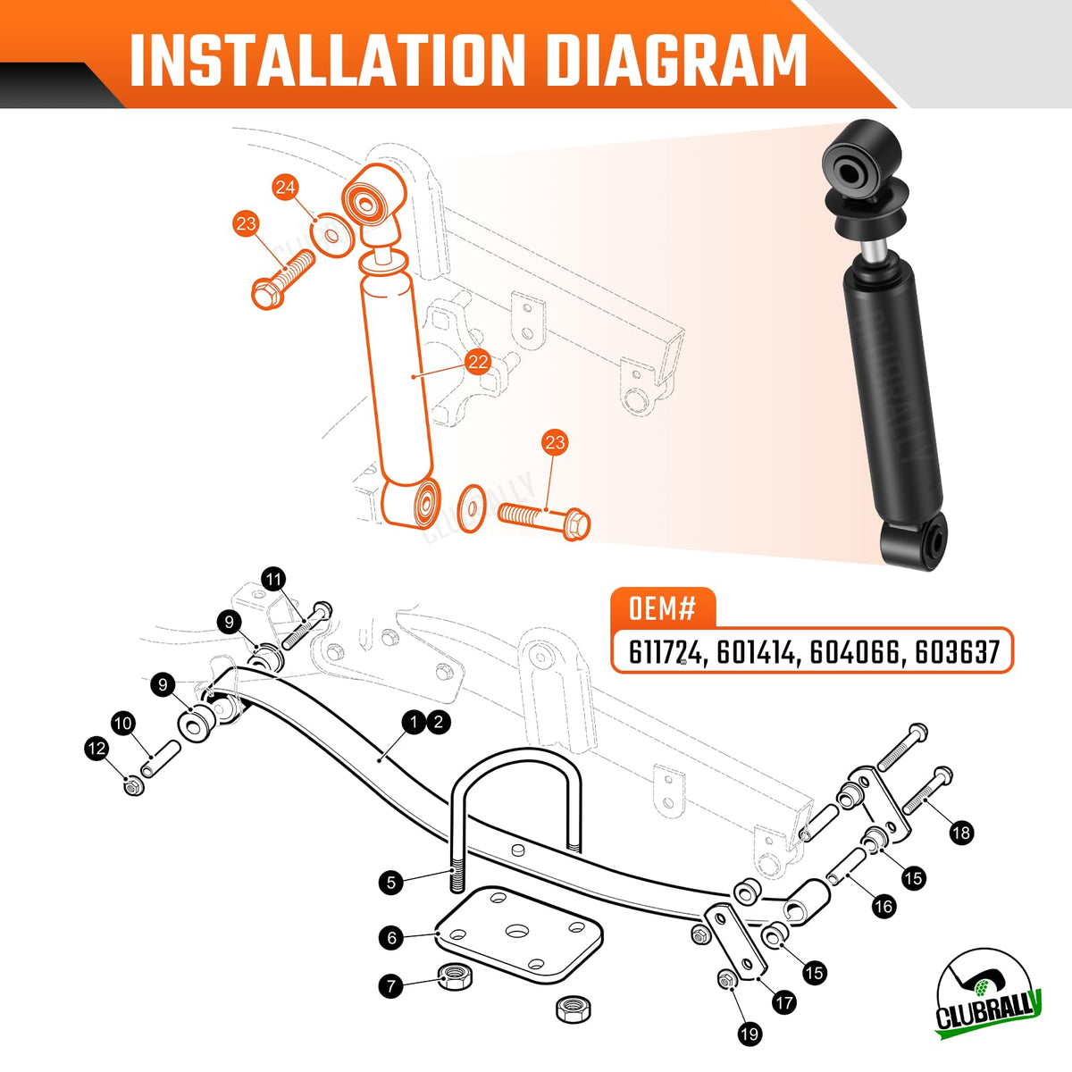 CLUBRALLY EZGO RXV rear shock assembly guide supports easy on-cart mounting