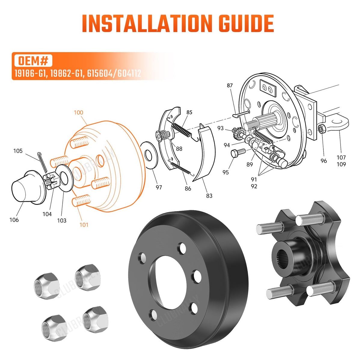 CLUBRALLY nuts kit included for secure brake drum assembly.