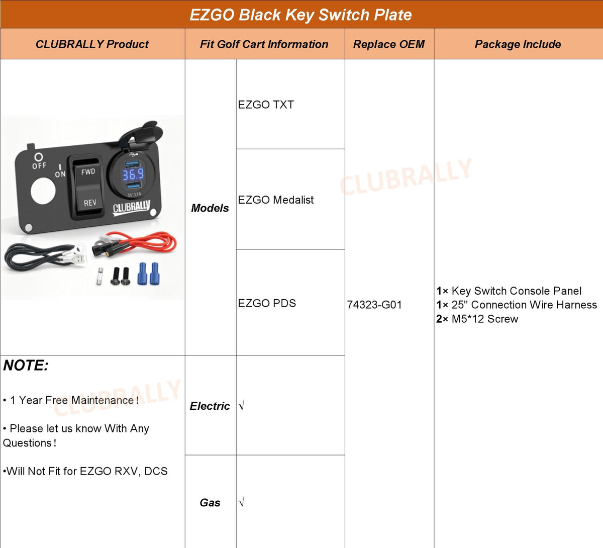 CLUBRALLY EZGO TXT switch panel label displaying OEM compatibility