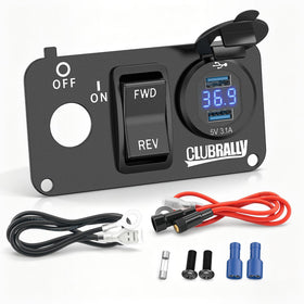 CLUBRALLY EZGO TXT switch panel front view with integrated USB charger