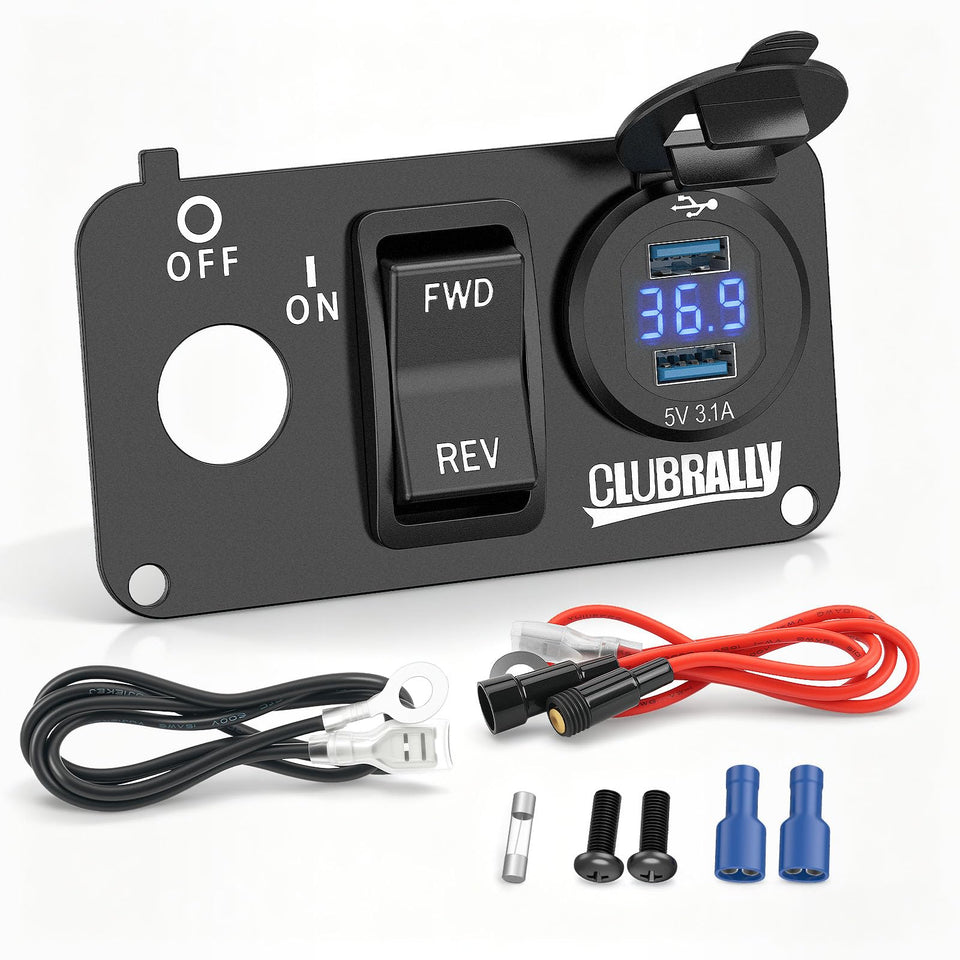 CLUBRALLY EZGO TXT switch panel front view with integrated USB charger