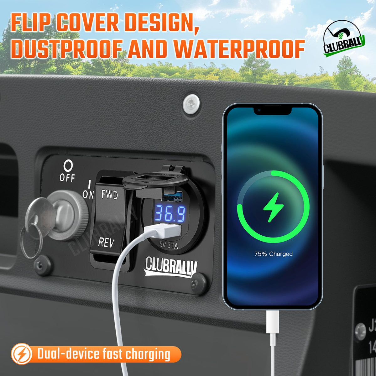 CLUBRALLY EZGO TXT USB charger close-up for dual-device charging