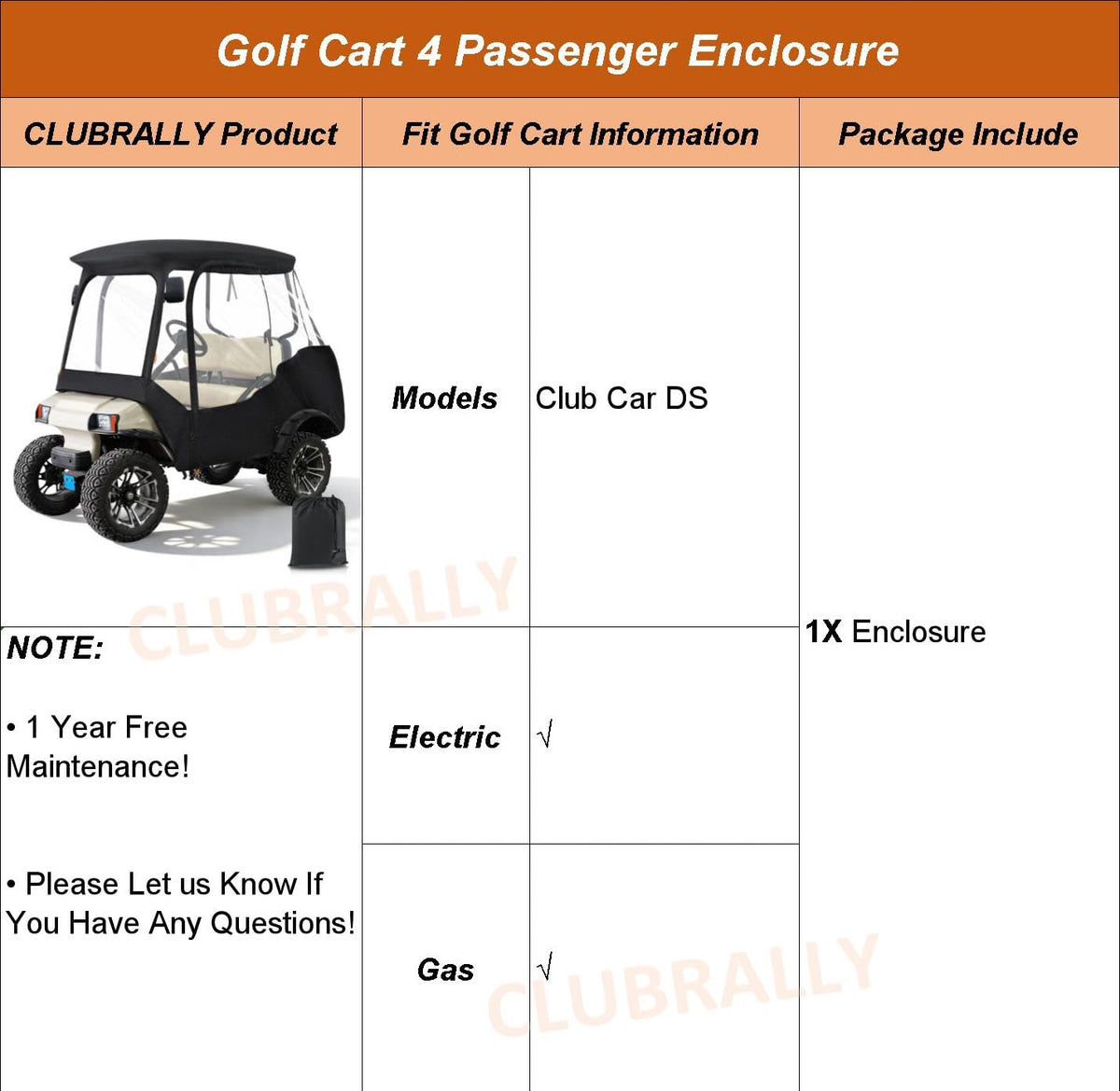 CLUBRALLY fits most 4-seat Club Car DS canopies up to 57.5 inches