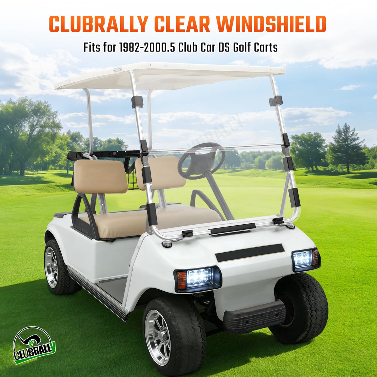 ClubRally folded windshield mounted on a golf cart for storage