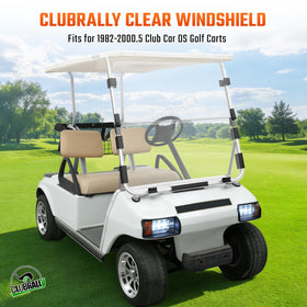 ClubRally folded windshield mounted on a golf cart for storage