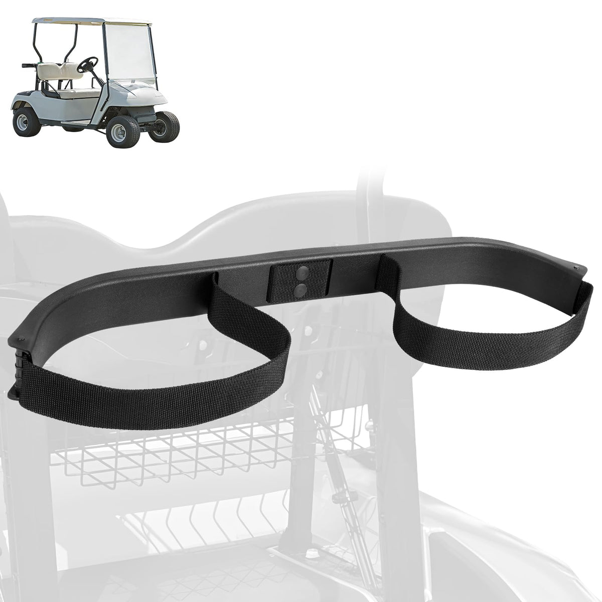 CLUBRALLY golf bag holder bracket front view securing a bag on EZGO TXT