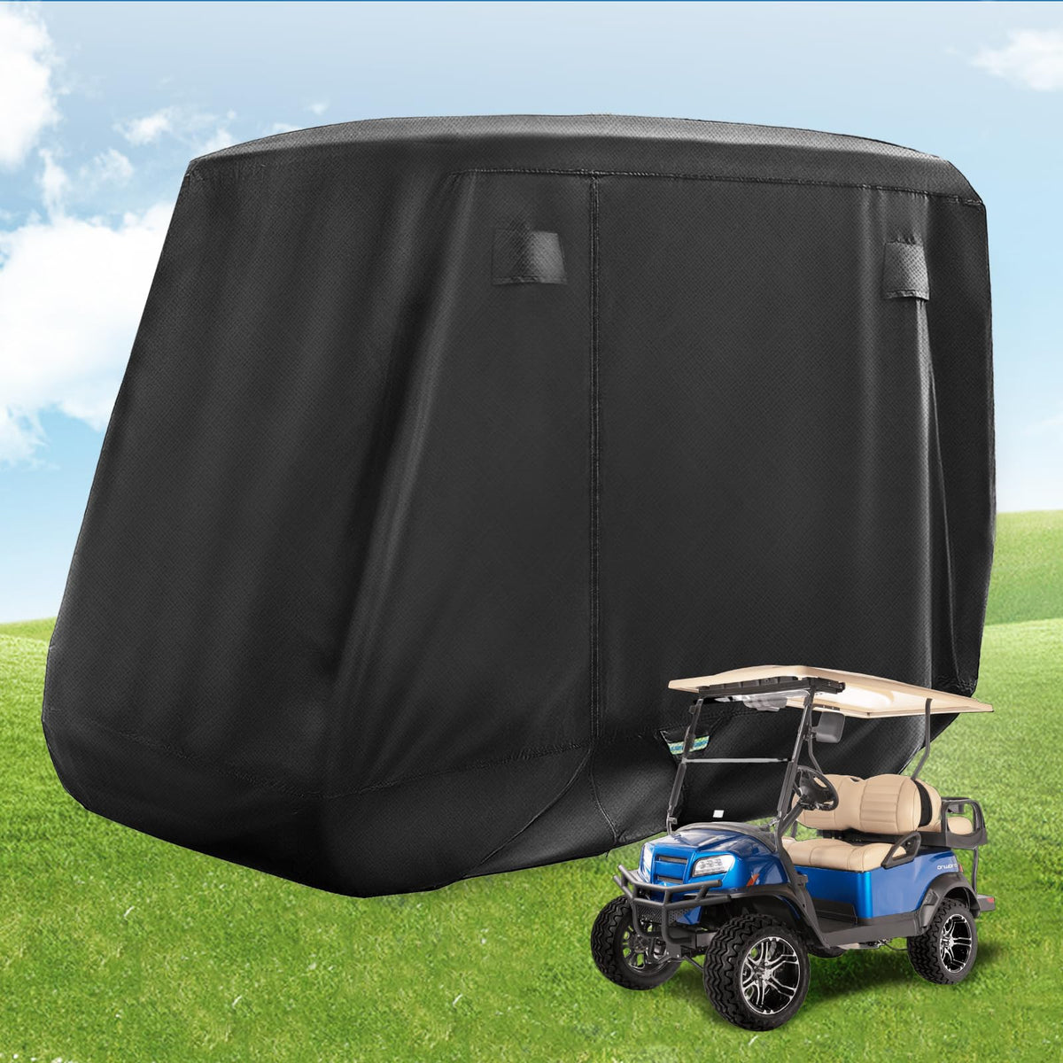 CLUBRALLY golf cart cover with doors protects a Club Car in the rain.
