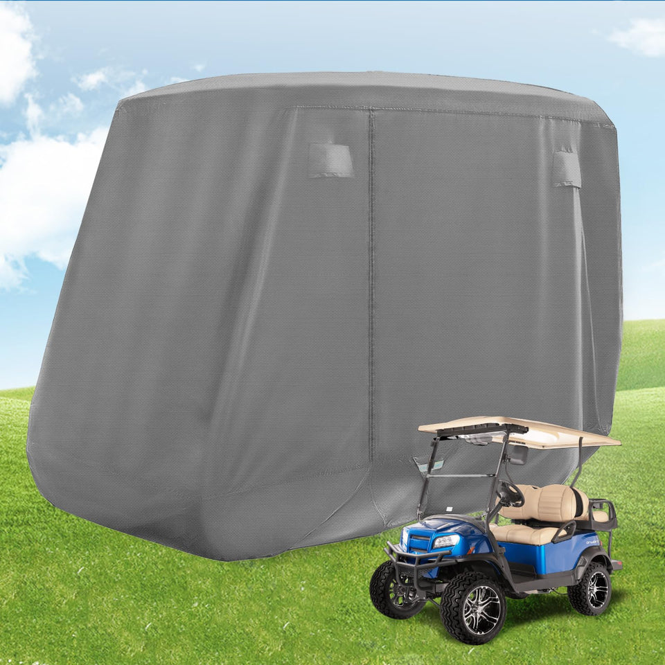 ClubRally golf cart cover with doors and reflective stripes improves visibility in low light