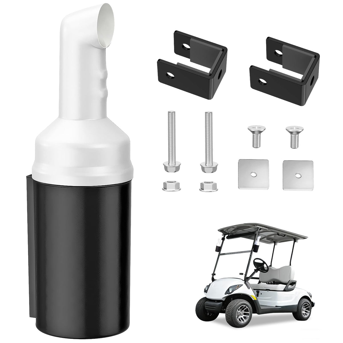 ClubRally golf cart sand bottle holder shown attached on a cart for quick divot filling on the course.