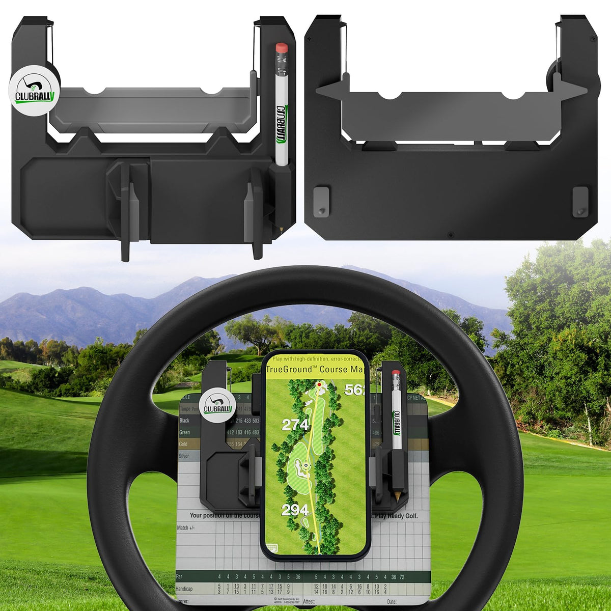 ClubRally steering wheel phone mount provides quick hands-free access.