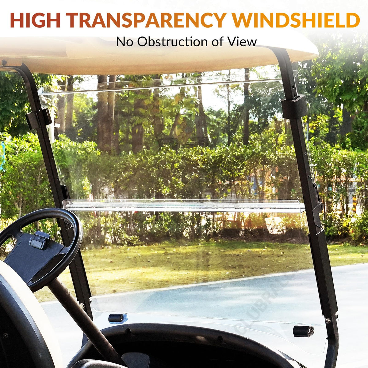 ClubRally anti-UV glare-reducing windshield during sunny rides.