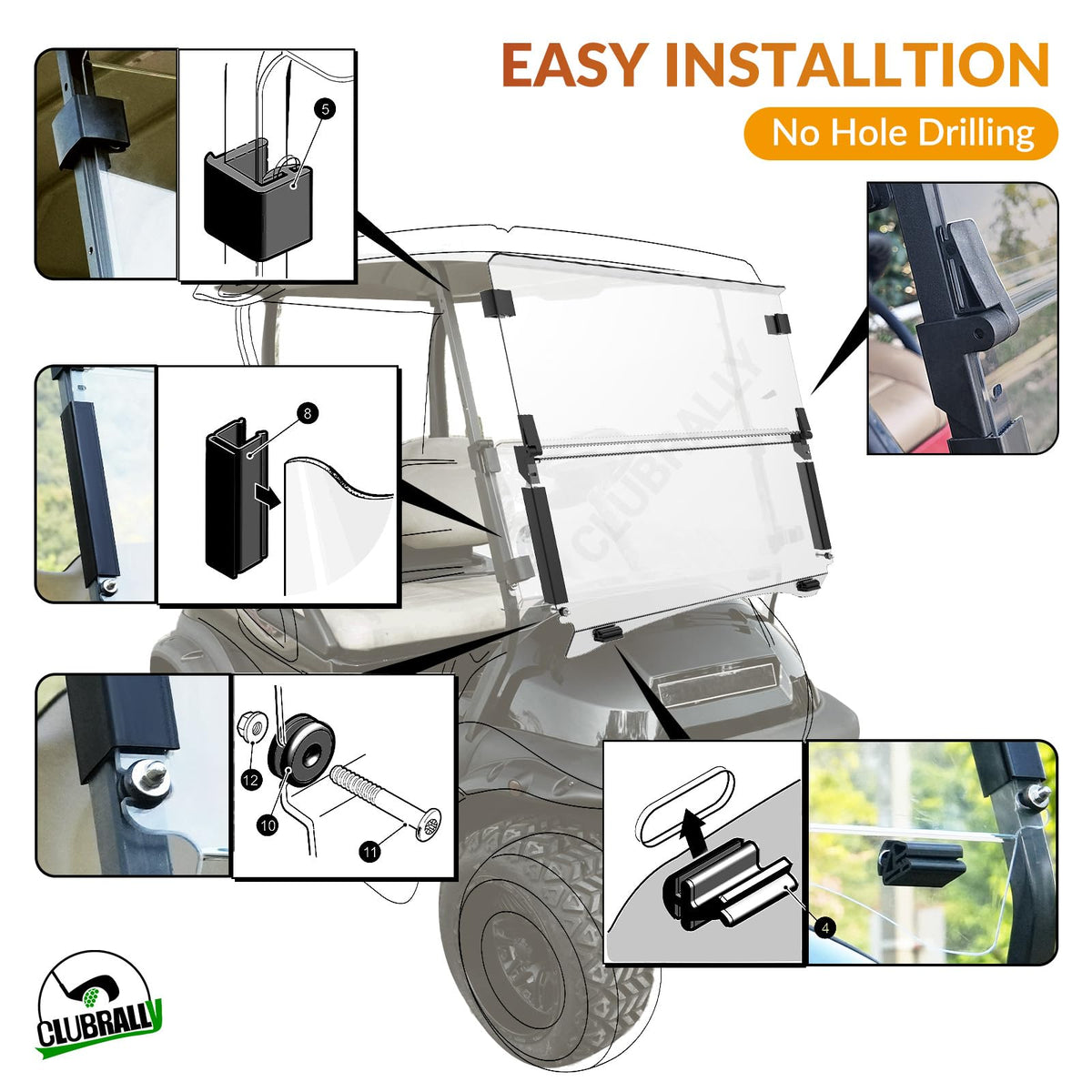ClubRally clips and screws kit for secure, quick installation.
