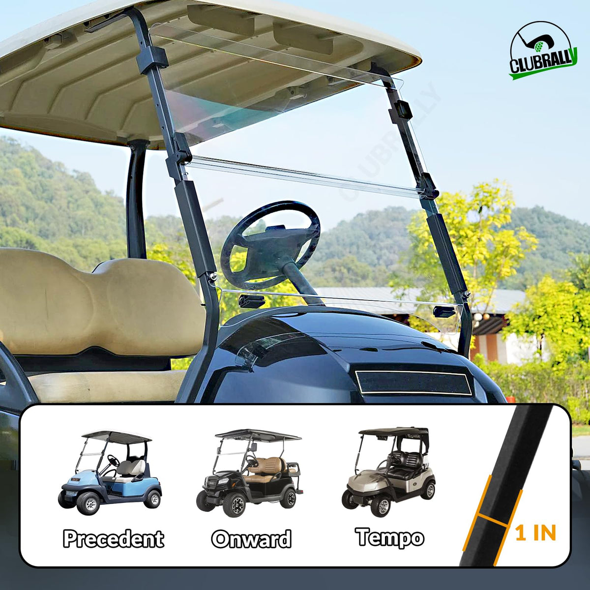 ClubRally weather-protective windshield for outdoor driving on varied days.