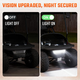 CLUBRALLY headlight bar installed on Club Car Precedent at night.