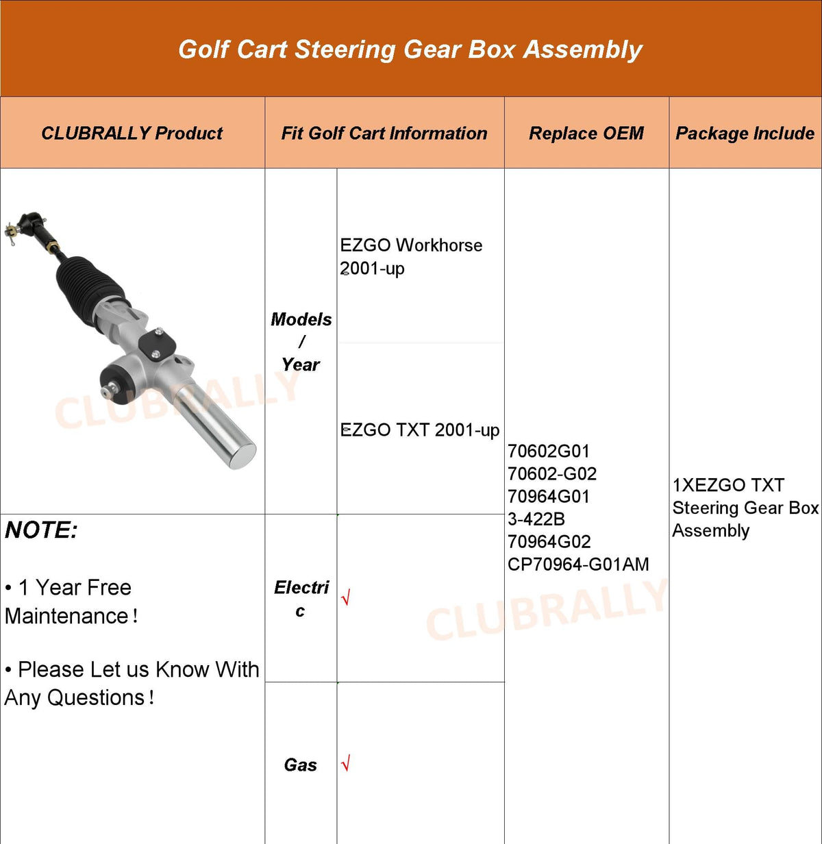 CLUBRALLY high-grade steel construction for durable golf cart steering components.