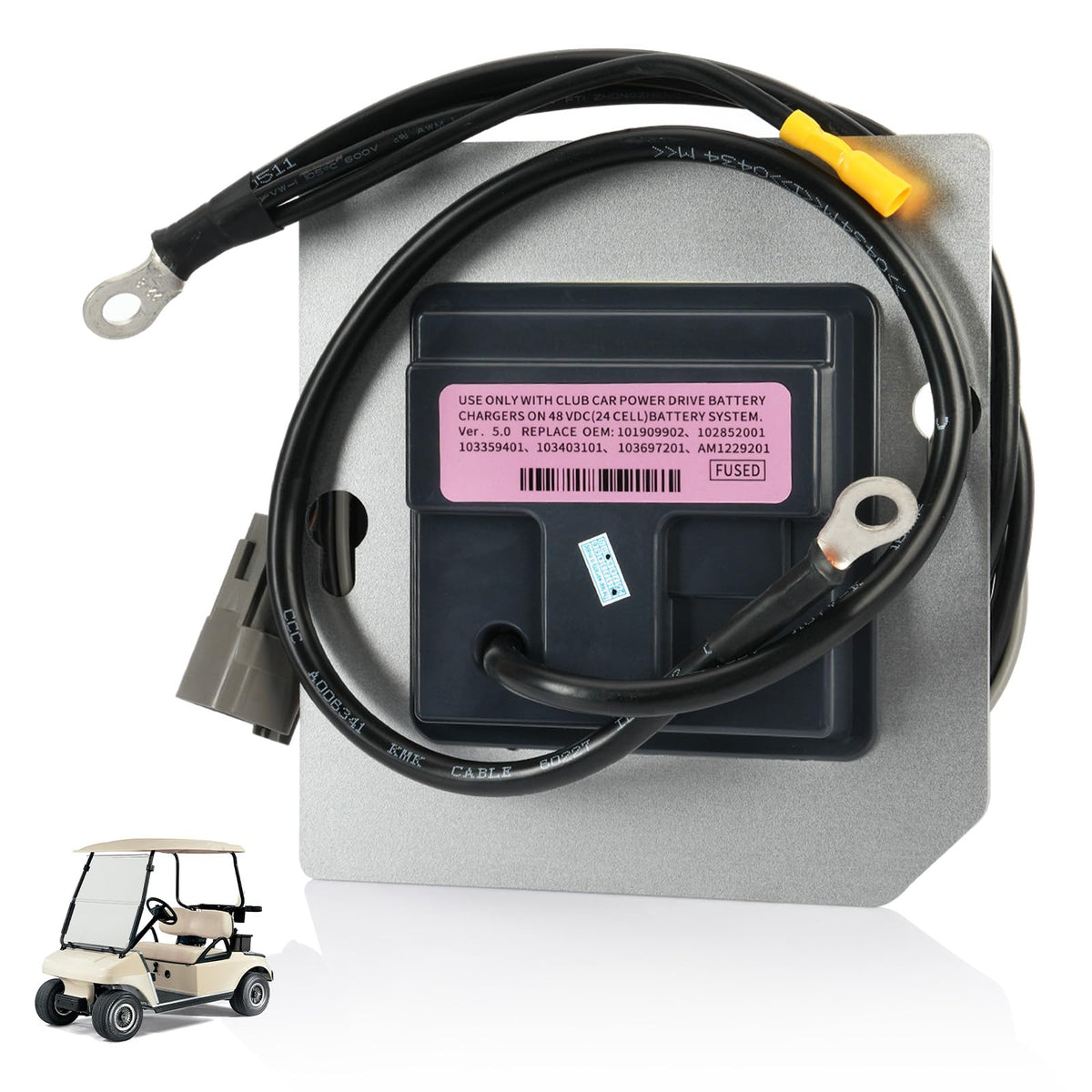 ClubRally OBC square 6-pin plug on Club Car DS dashboard for accurate battery regulation.