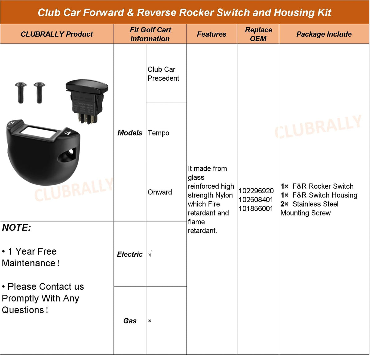 CLUBRALLY OEM 102508401 reference validates correct fit for models.