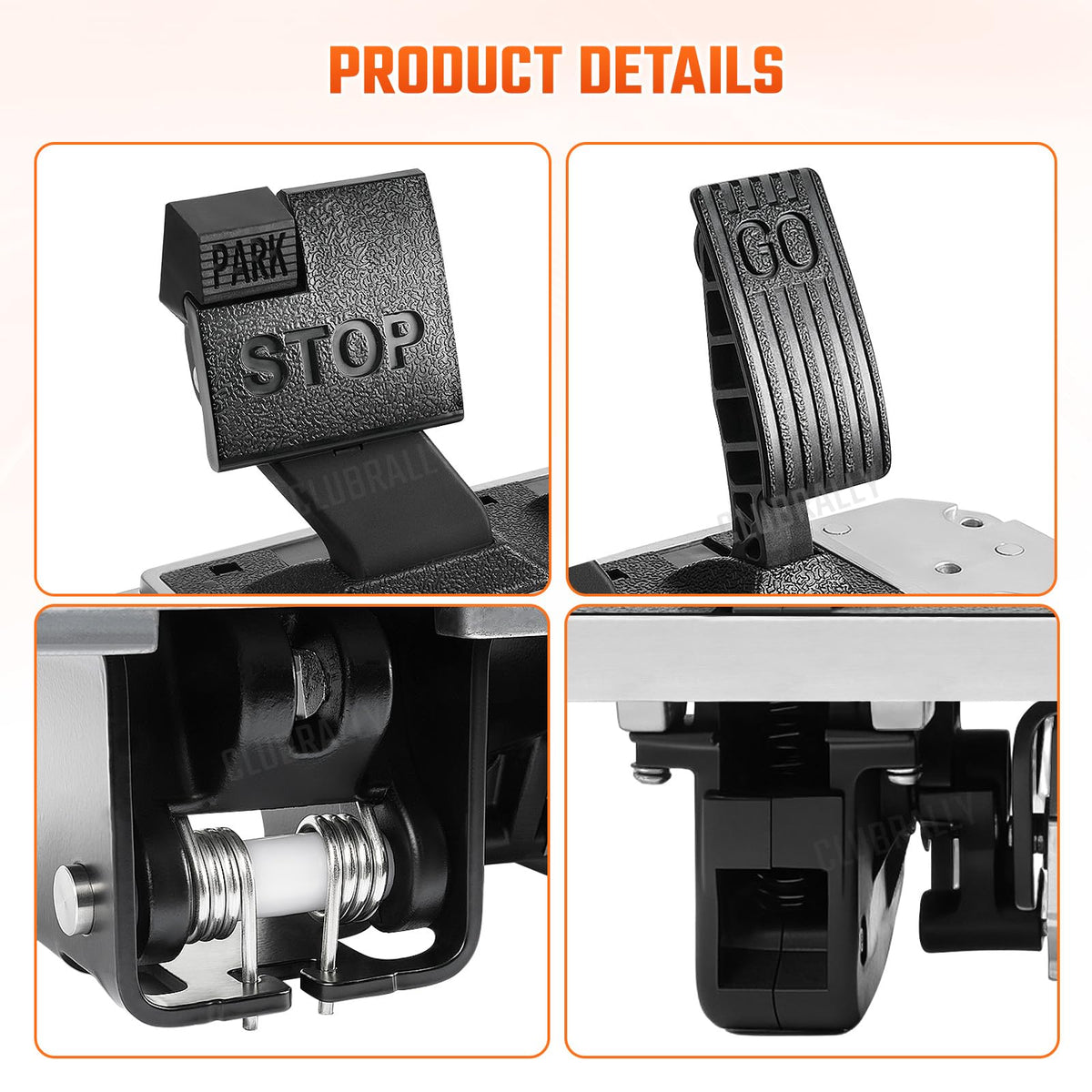 CLUBRALLY pedal assembly side profile showing durable metal construction.