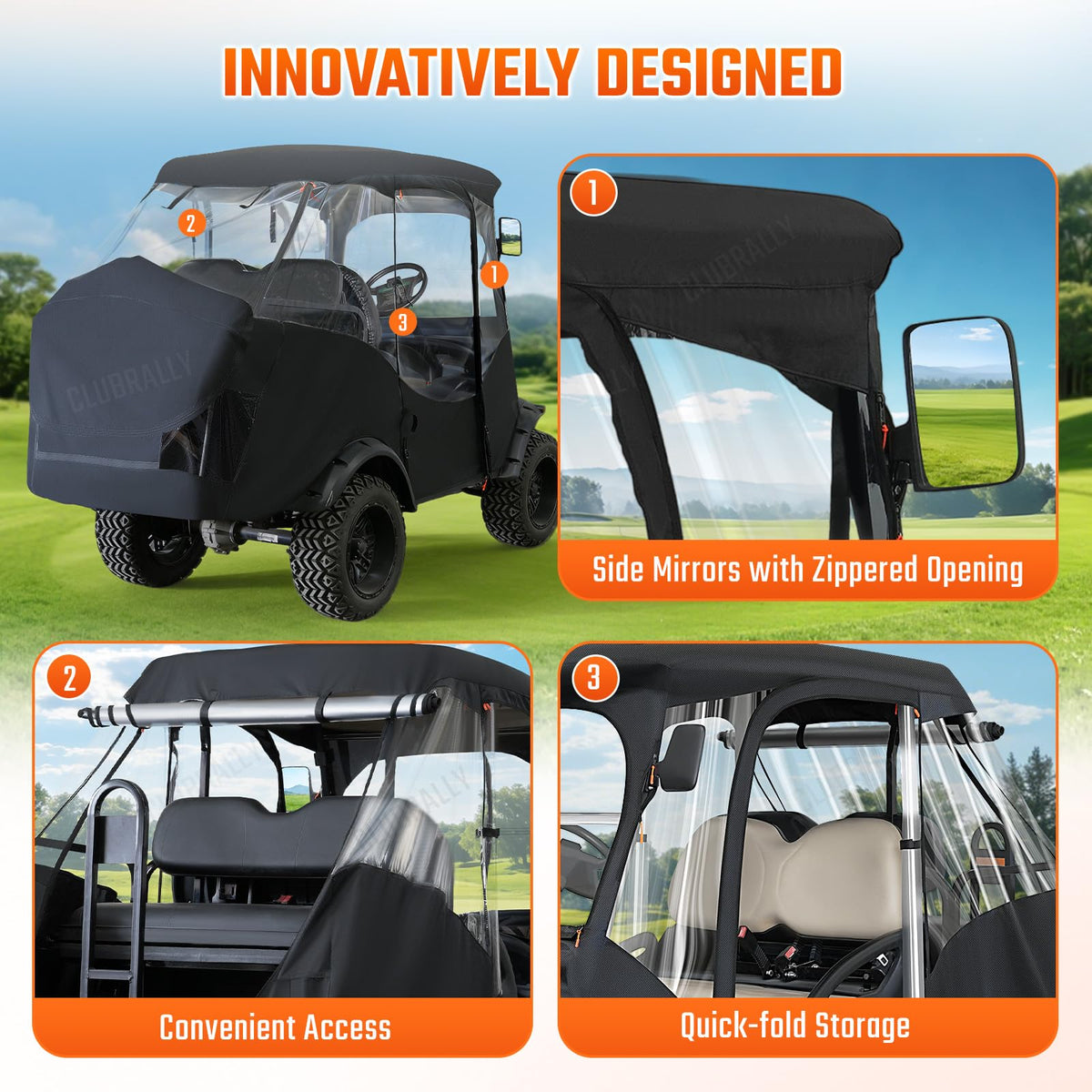 CLUBRALLY three-sided roll-up doors with heavy-duty zippers for easy, quick access.