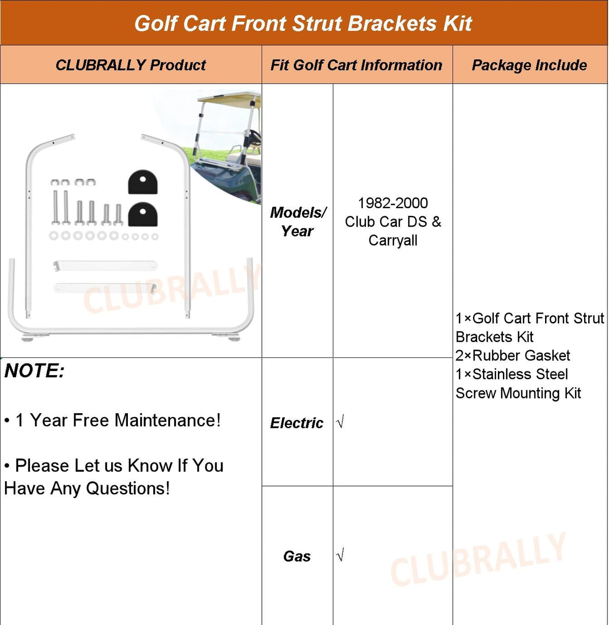 CLUBRALLY silver front strut brackets kit enhances cart aesthetics and rigidity.