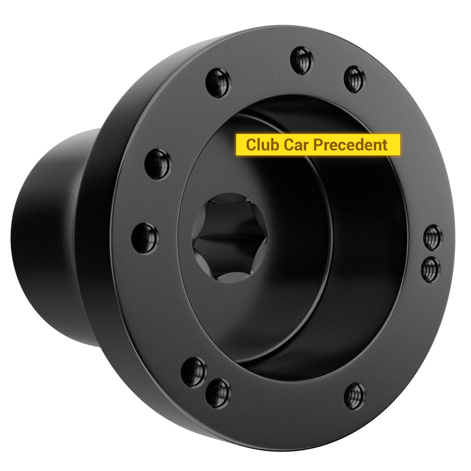 ClubRALLY steering wheel adapter for Club Car Precedent 5-6 hole, black, enhances grip and style.