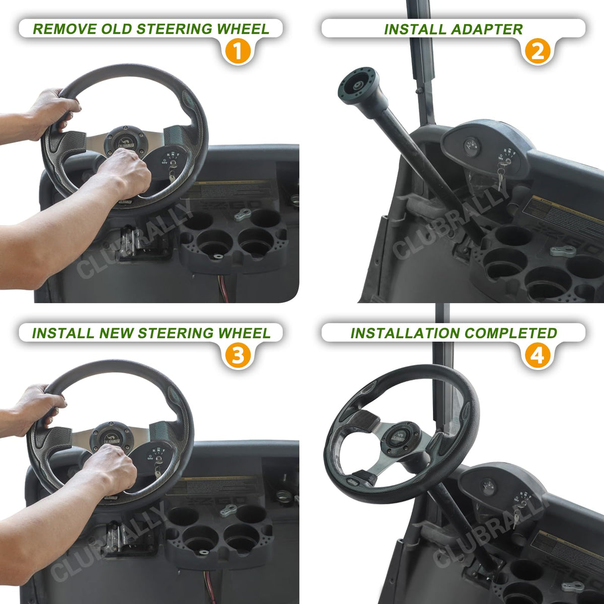 CLUBRALLY compatibility graphic confirms 5-6 hole steering wheels.