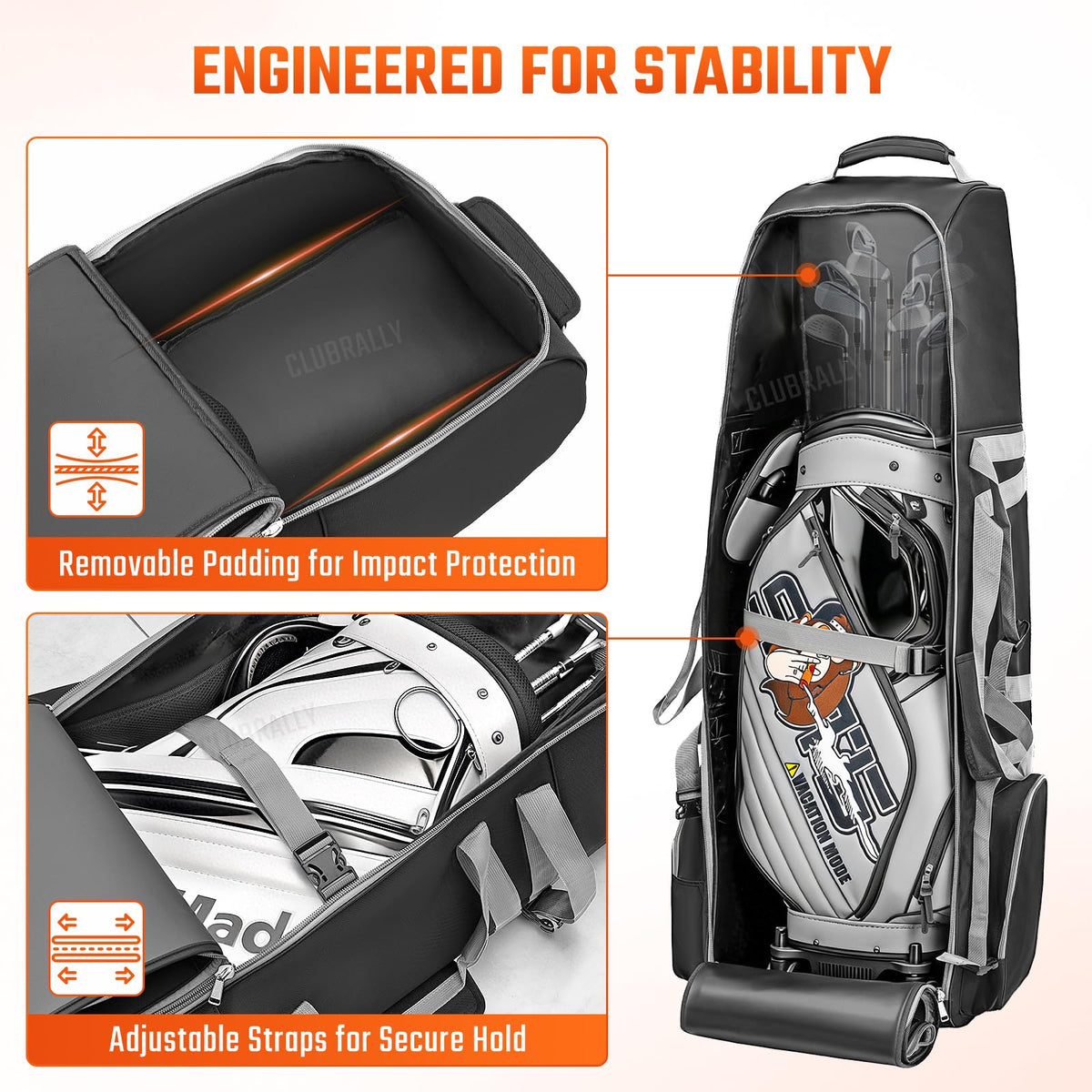 CLUBRALLY top protective board with padding guarding club heads from impacts.