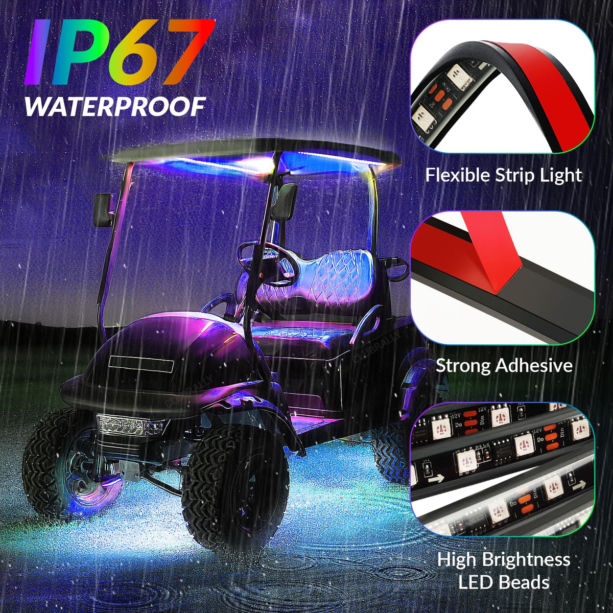 ClubRally waterproof LED strips designed for all-weather golf cart use.