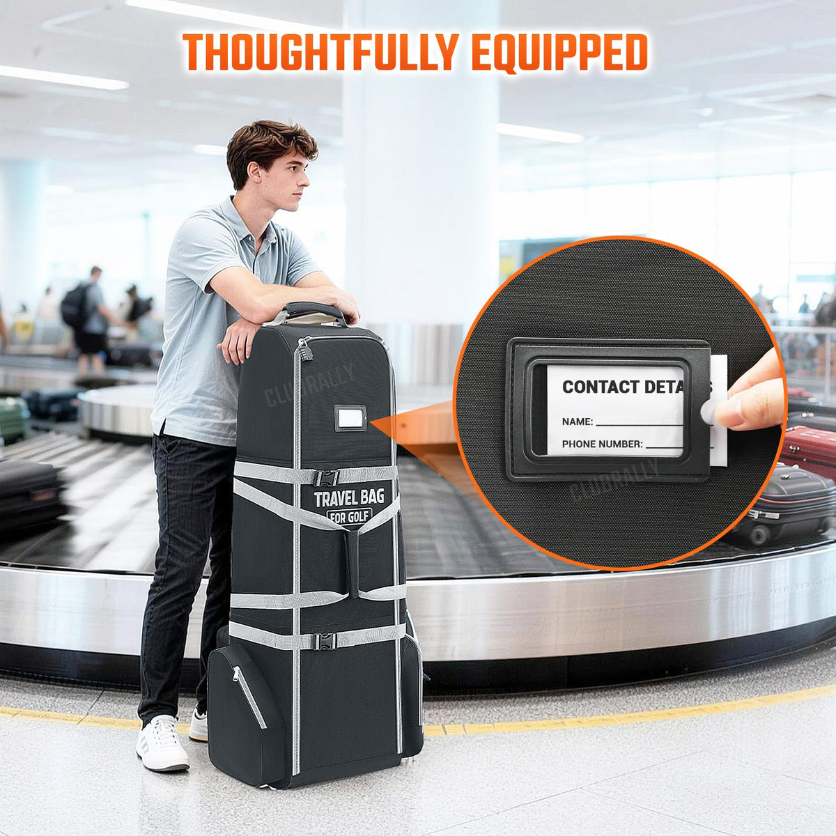 CLUBRALLY wheeled travel bag rolling smoothly through a terminal.
