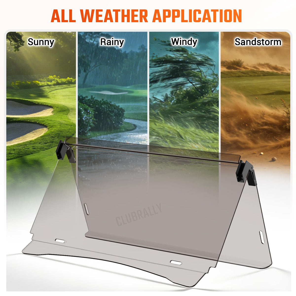 Anti-UV tinted CLUBRALLY windshield reduces glare for comfortable driving.