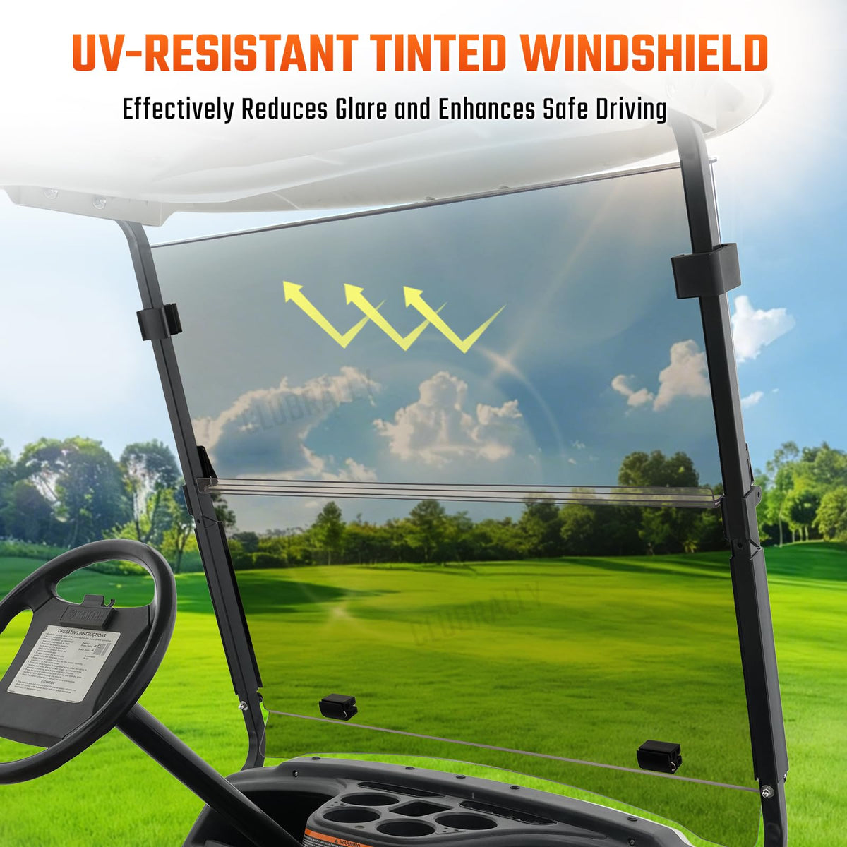 CLUBRALLY windshield demonstrating Yamaha G29 compatibility for secure fit and quick install.