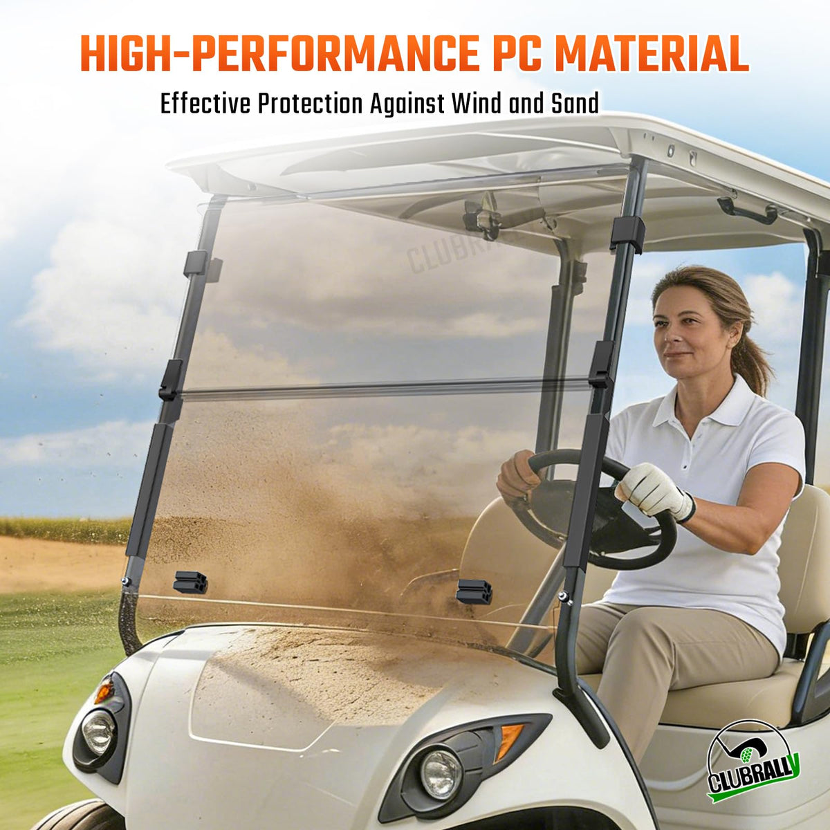 Impact-resistant PC material in CLUBRALLY windshield withstands outdoor use.