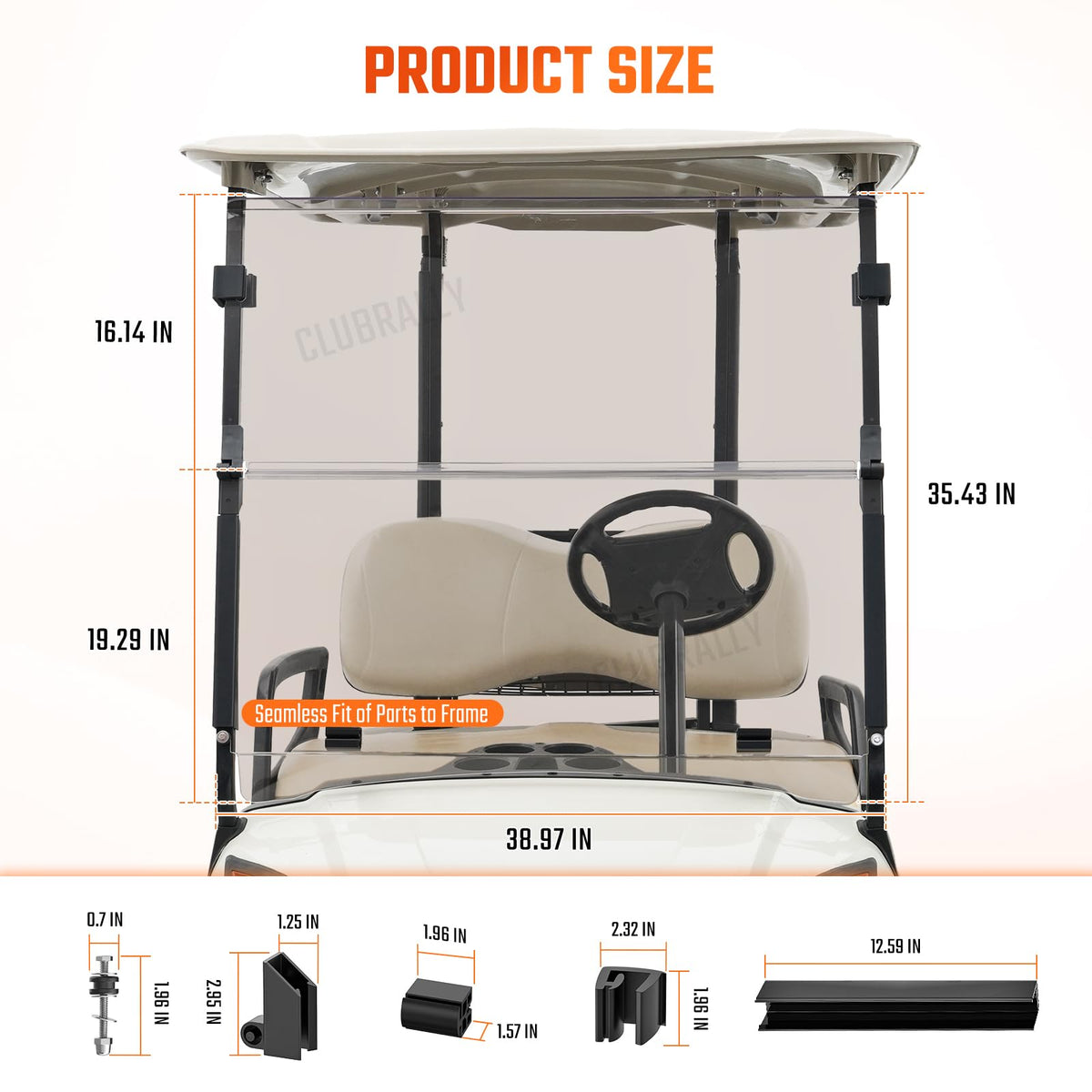 Includes duty hinges and mounting hardware with CLUBRALLY windshield for easy setup.