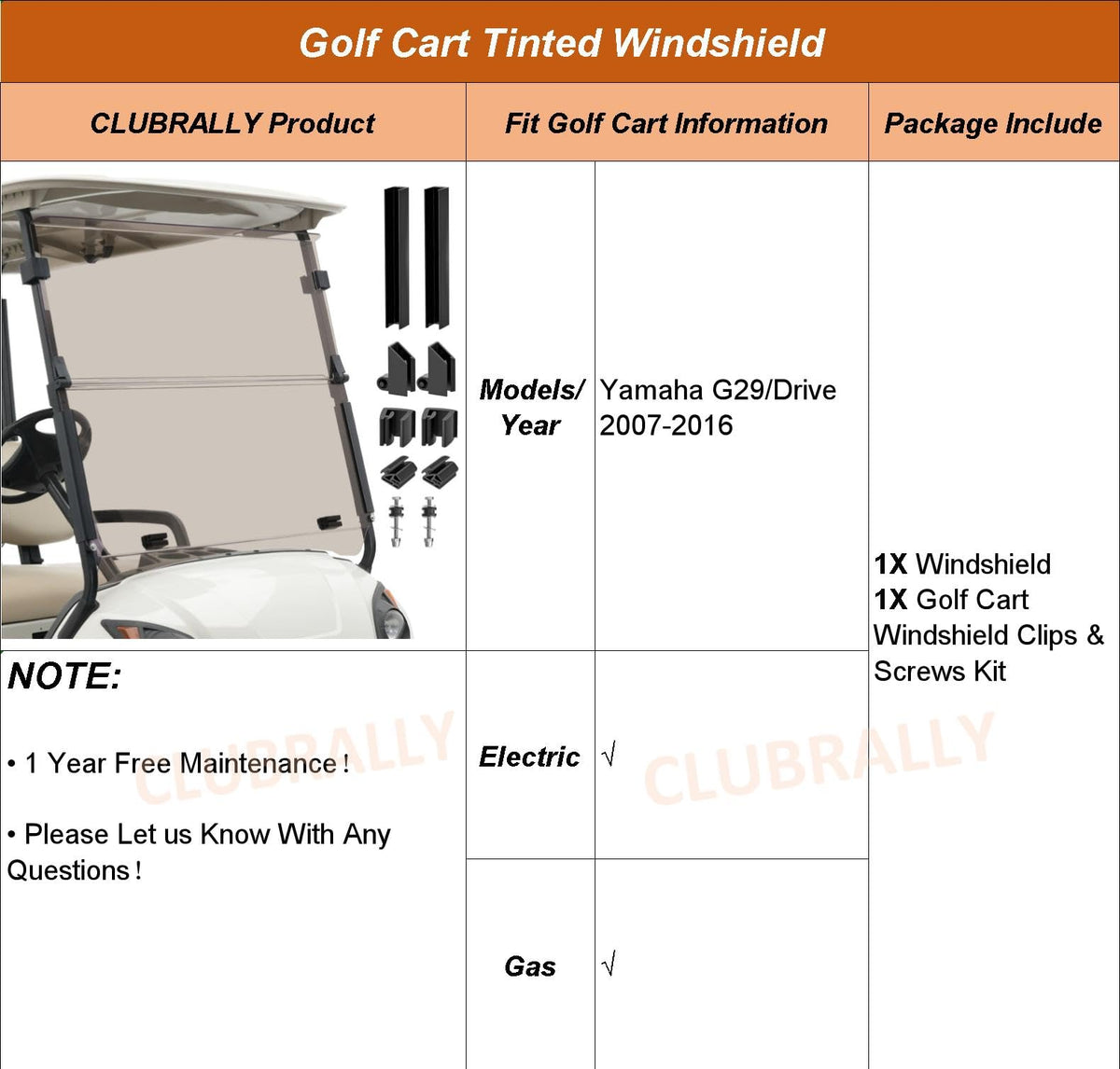Package includes installation guide for Yamaha G29 cart setup.