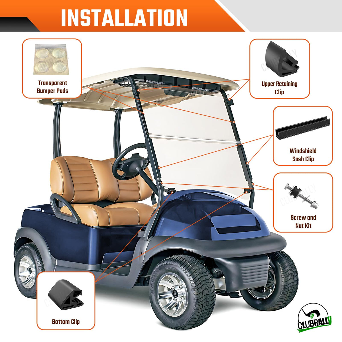Clubrally windshield clips kit side view shows reinforced grip for stability on the road