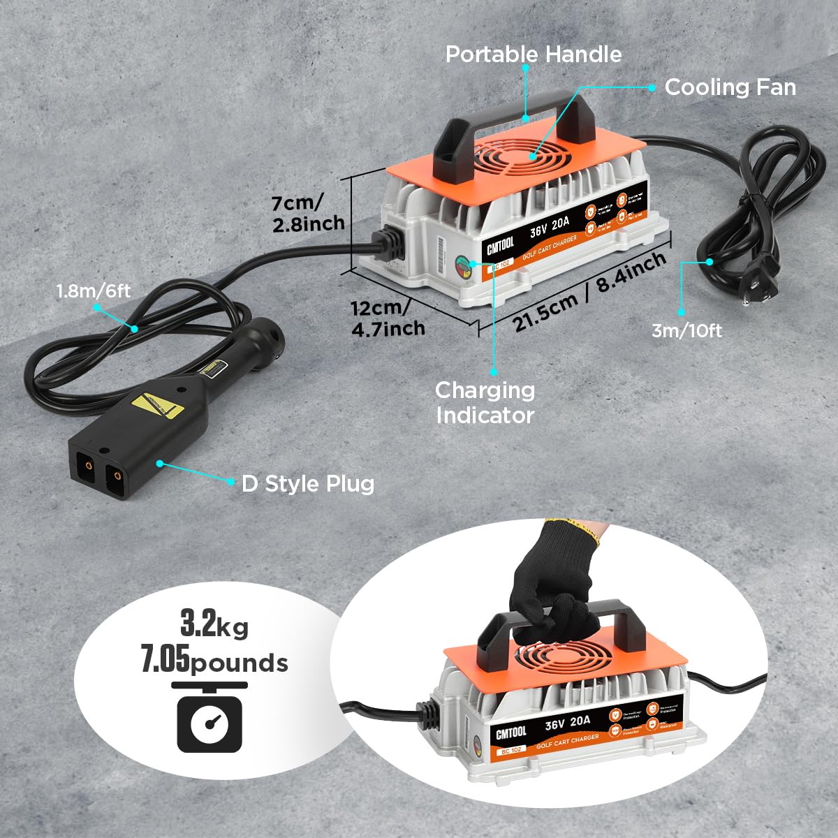 CMTOOL 16ft cable EZGO charger offering flexible cart placement