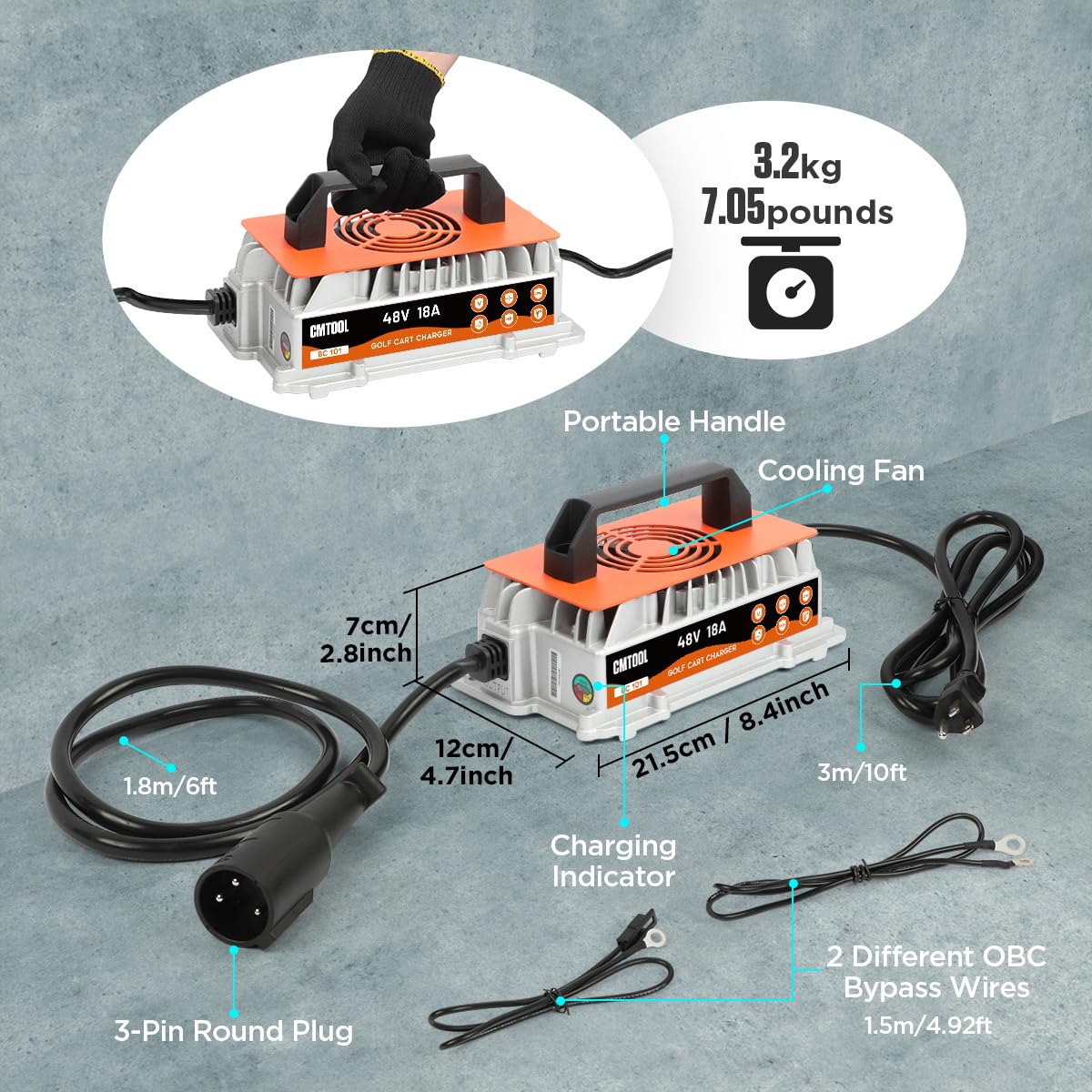 CMTOOL 16ft heavy-duty cable connects securely via 3-pin round plug