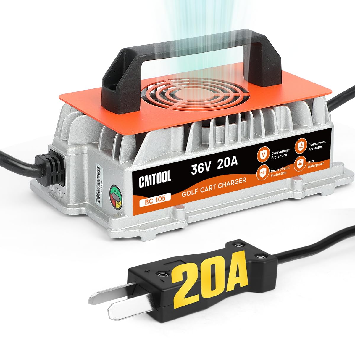 CMTOOL 20A 36V golf cart charger front view for quick, reliable charging