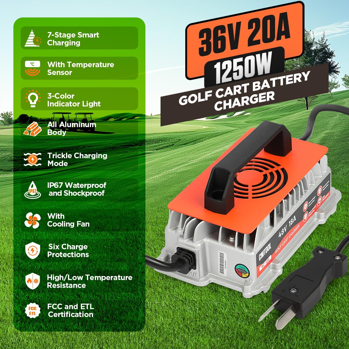 CMTOOL 20A 36V charger side view shows rugged outdoor build