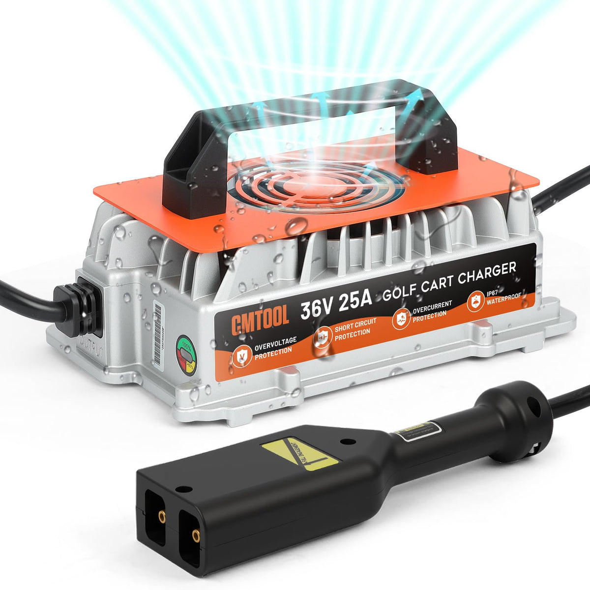 CMTOOL 25A 36V EZGO TXT charger front view showing Powerwise plug for quick charging.