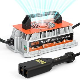 CMTOOL 25A 36V EZGO TXT charger front view showing Powerwise plug for quick charging.