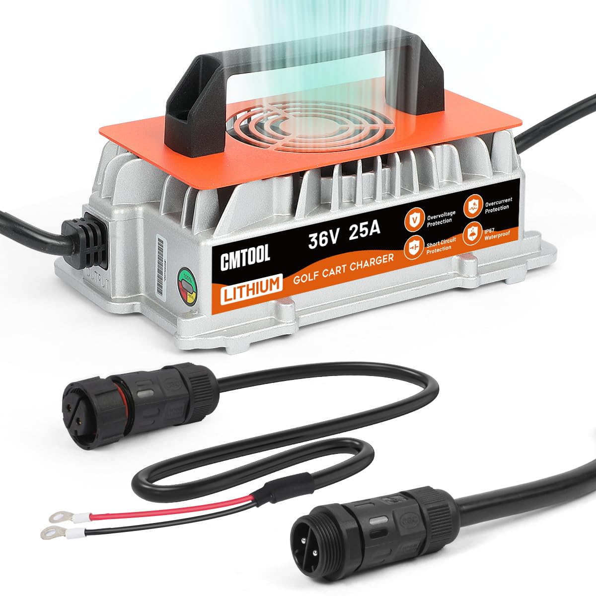 CMTOOL 36V 25A charger front view for fast outdoor golf cart charging.