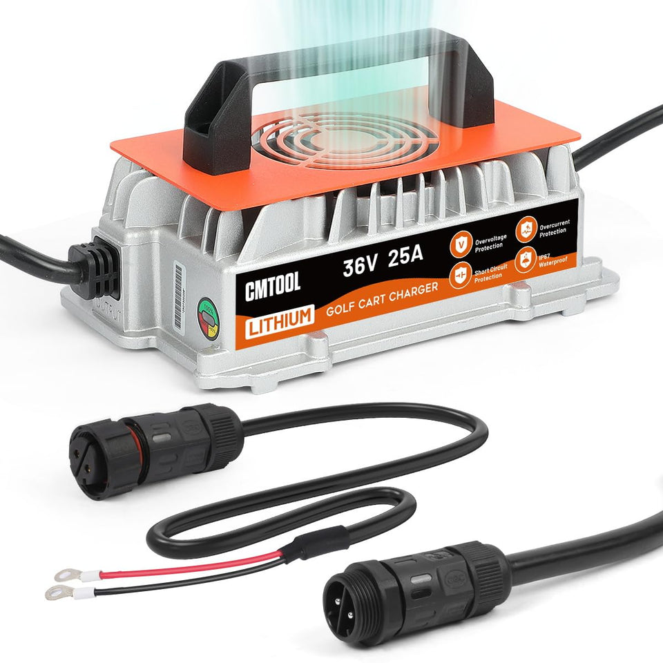 CMTOOL 36V 25A charger front view for fast outdoor golf cart charging.