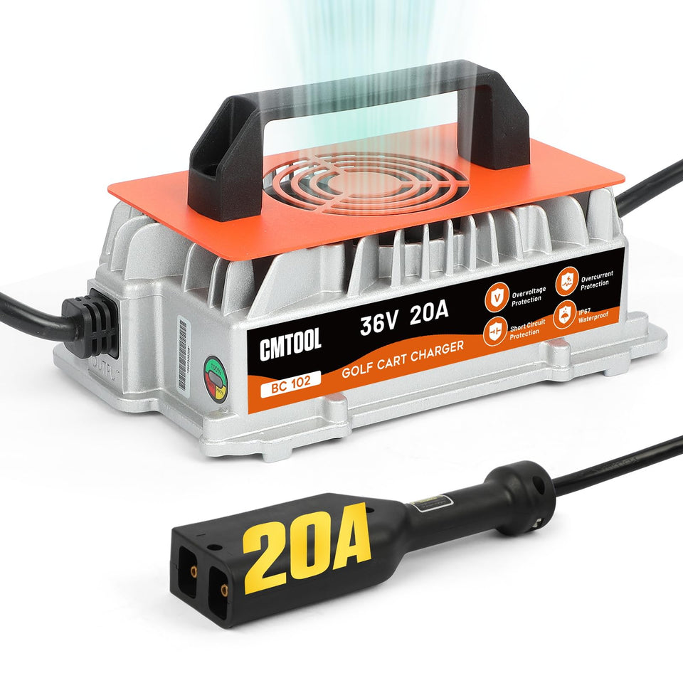 CMTOOL 36V EZGO charger front view highlighting quick charging for EZGO TXT