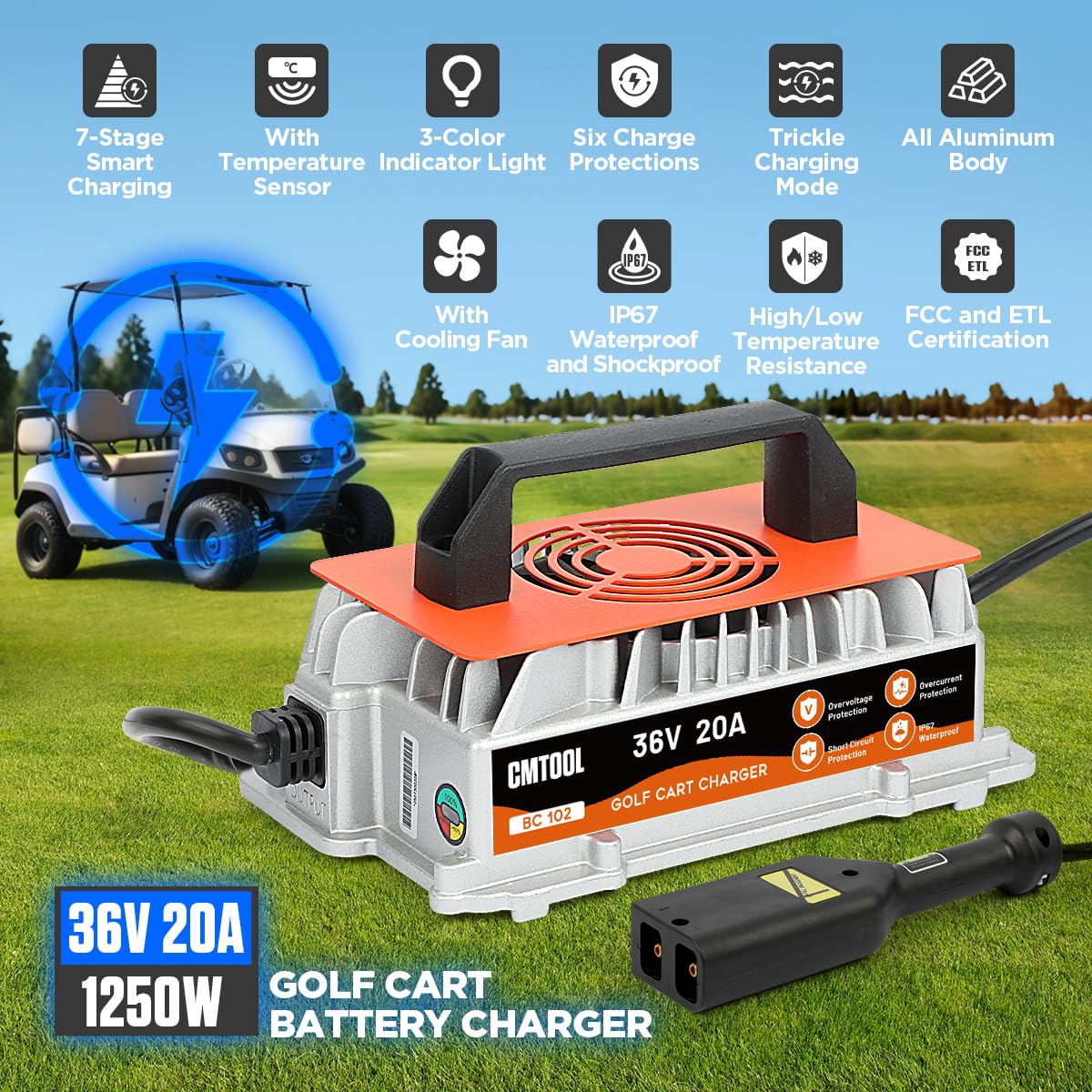 CMTOOL 36V EZGO charger side profile in rugged aluminum body for outdoors