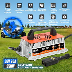 CMTOOL 36V EZGO charger side profile in rugged aluminum body for outdoors