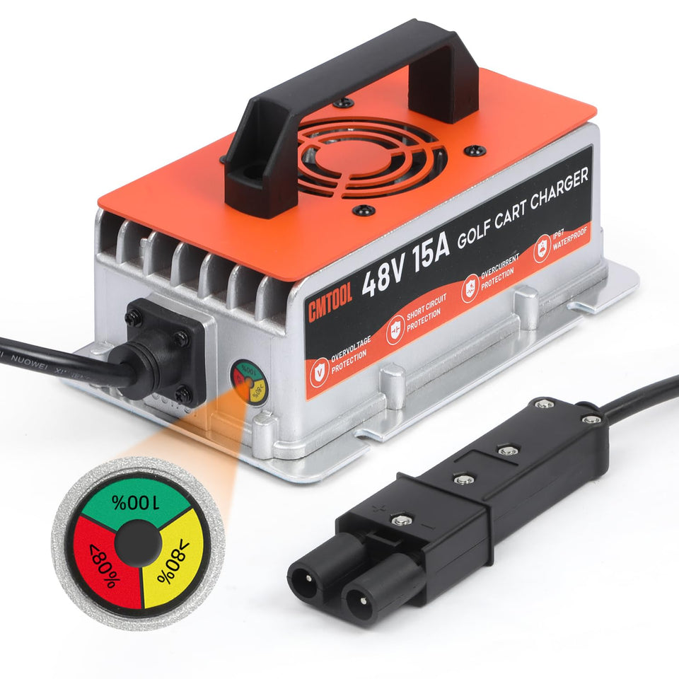 CMTOOL 48V charger with binocular plug for Yamaha G19/G22, direct fit reduces setup time.